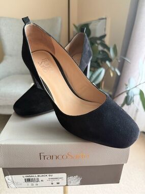 Franco Sarto Black Suede Block Heel Pumps